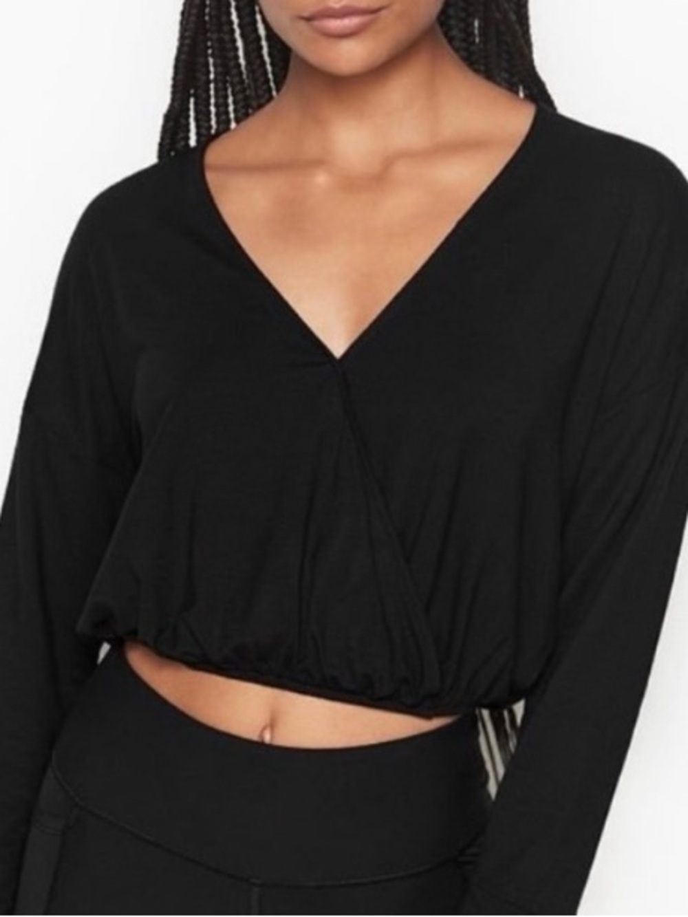 Victorias Secret Heavenly‎ Cropped Faux Wrap Top Size Small Black Soft Modal